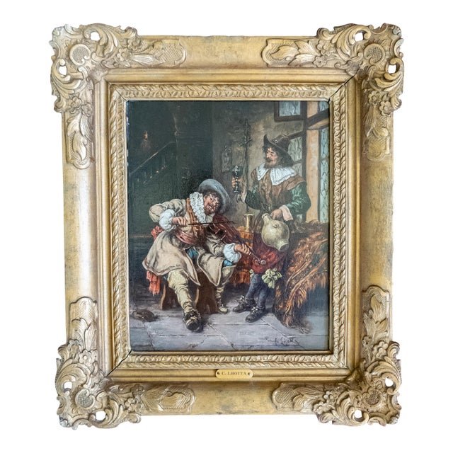 19th Century Continental European Dutch Style Tavern Genre Scene Painting, Signed For Sale