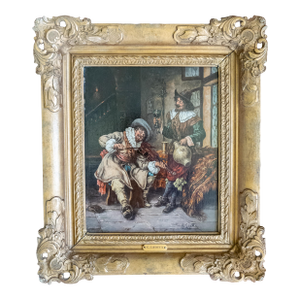 19th Century Continental European Dutch Style Tavern Genre Scene Painting, Signed