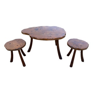 C. 1950s-60s Mid Century Live Edge 3-Piece Table and Stools Set For Sale