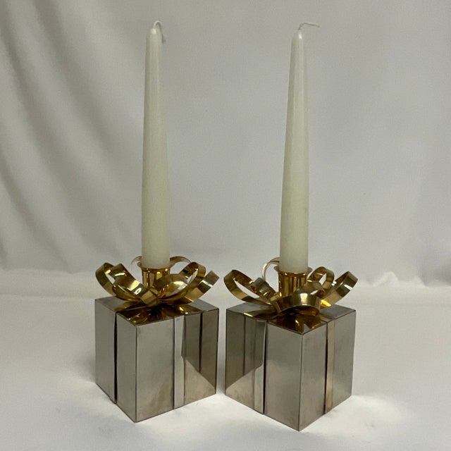 Vintage Contemporary Americana Christmas Metal Wrapped Present Candle Holders - a Pair. For Sale - Image 6 of 7