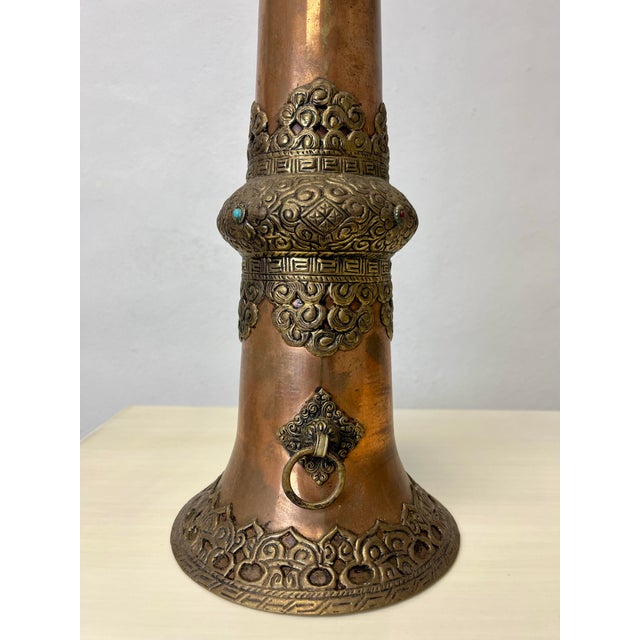 Asian Tibetan Telescoping Long Horn Brass Copper Gems For Sale - Image 3 of 10