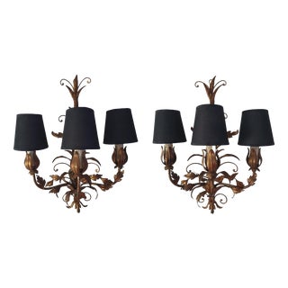 Mid-Century Venetian Tole Wall Sconces with Gilded Leaves, 1950s, Set of 2 For Sale