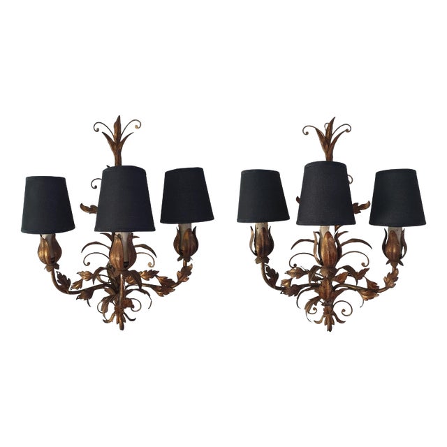 Mid-Century Venetian Tole Wall Sconces with Gilded Leaves, 1950s, Set of 2 For Sale