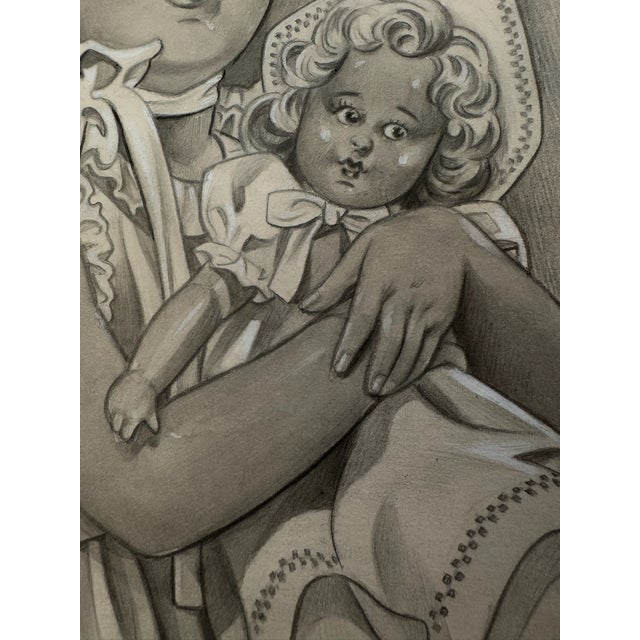American 1940s Original Signed Graphite Illustration of Girl Holding Doll, 12 × 9 In. For Sale - Image 3 of 6