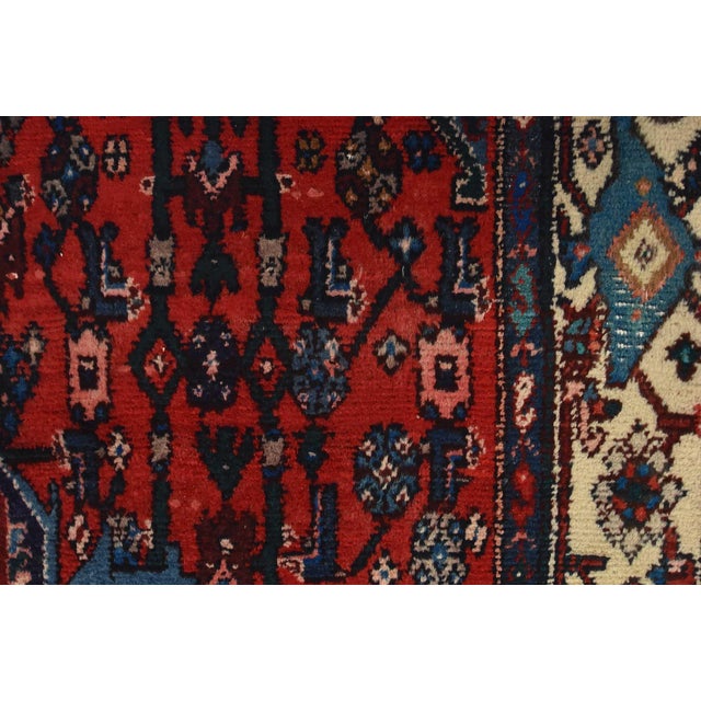 Hamedan Runner 4’4” X 9’10” Red Wool Vintage Tribal Hand-Knotted Oriental Rug For Sale - Image 11 of 15