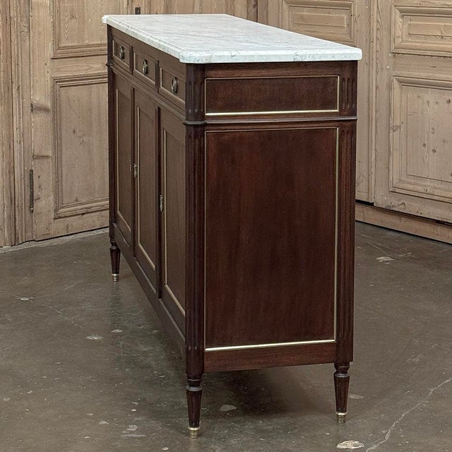 French Louis XVI Carrara Marble Top Mahogany Buffet in the Maison Jansen Style, Mid-Century For Sale - Image 13 of 18