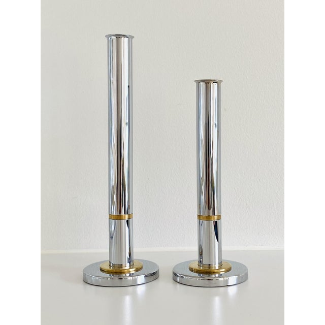 Mid-Century Modern Graduated Chrome and Brass Candleholders by Go Products Denmark, 1970s, Set of 2 For Sale - Image 3 of 8