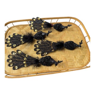1960s Mid Century Modern Black Christmas Peacock Clip on Ornaments- Set of 4 For Sale