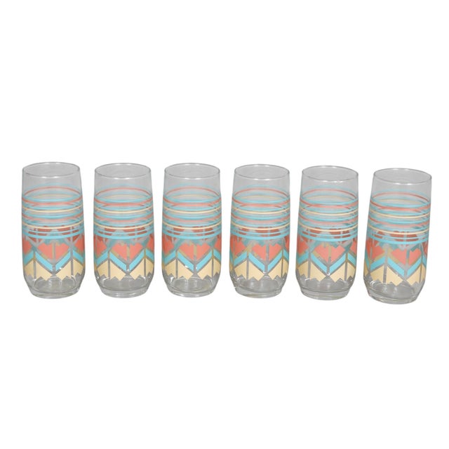 A set of six Southwestern style mid century glass tumblers. Decorated with striped bands above a geometric repeating...