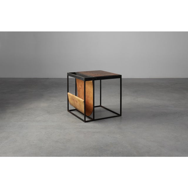 Mid-Century Magazine Holder in Metal, Wood and Leather, Belgium, 1960s For Sale - Image 4 of 13