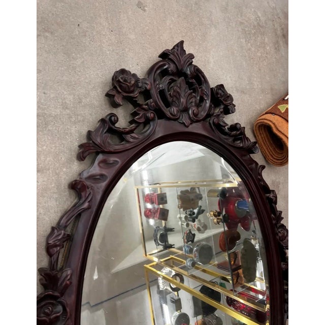 1970s Dark Wooden Oval Mirror and Console Table With Marble Top Pair For Sale - Image 4 of 11