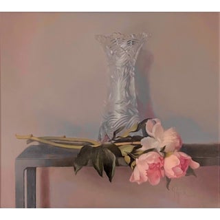 Peonies and Crystal by Marsha Whitesides Piper | Oil on panel Still life of peonies and a crystal vase. For Sale