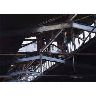 Seeking Solace by Linda Delahaye | Oil on panel Woman standing in an industrial building interior. For Sale