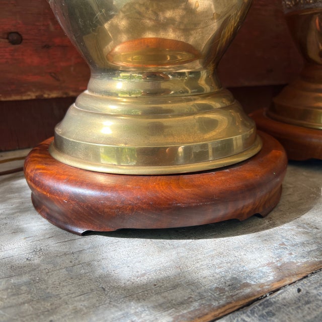 Hollywood Regency Vintage James Mont Style Brass Table Lamps With Wood Bases - Pair For Sale - Image 3 of 18