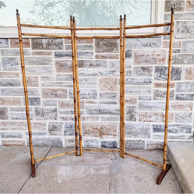 19thc French Antique Chinoiserie Tortoise Shell Pyrography Bamboo Campaign 3 Panel Room Dividing Screen / Linen Fabric Paneled For Sale - Image 4 of 12