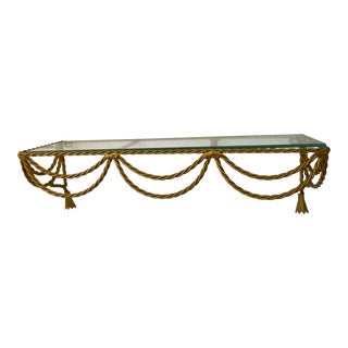 Vintage Hollywood Regency Gold Metal and Glass Rope and Tassel Design Wall Shelves - a Pair For Sale