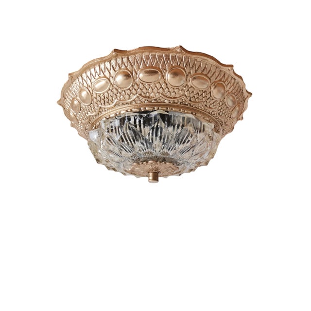 Large Art Nouveau Gold Brass and Glass Flush Mount Ceiling Lamp, 1930s For Sale - Image 17 of 17