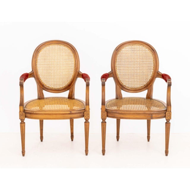Red Pair of Louis XVI Style Red Velvet Upholstered Cane Paneled Walnut Fauteuils For Sale - Image 8 of 13