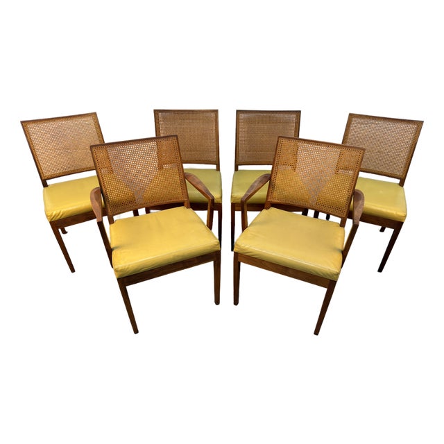 Set of Six Mid-Century Walnut and Cane Dining Chairs by Glenn of California For Sale