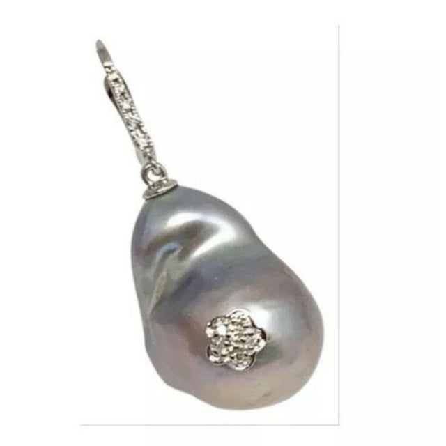 Silver Diamond Freshwater Pearl Earrings 14 Karat Gold Grey 23.2 Mm Certified For Sale - Image 8 of 13