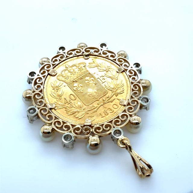 1960s Vintage, Charles X French 40 Francs Coin, Diamond and Cultured Pearl Pendant For Sale - Image 5 of 7