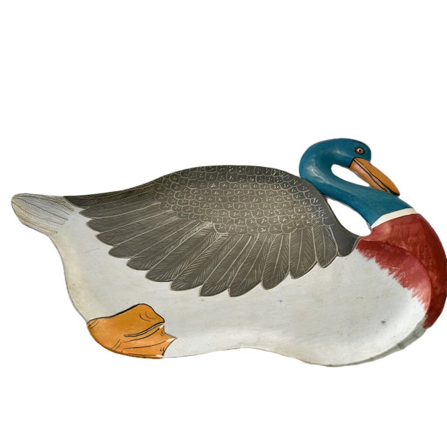 Contemporary Late 20th Century Indonesian Folk Art Multicolor Hand-Painted Wood Duck Tray For Sale - Image 3 of 6