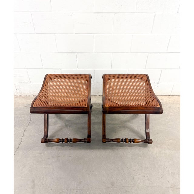 Wood Late 20th Century Regency Campaign-Style X-Base Cane Stools in the Manner of Gillows of Lancaster For Sale - Image 7 of 12