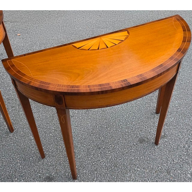 Mid 20th Century Pair of American Federal Revival Mahogany Demilune Console Tables With Satinwood Fan Inlay and Stringing, Mid-20th Century For Sale - Image 5 of 12