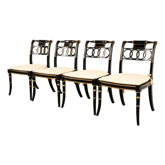 Baker Furniture Historic Charleston Regency Ebonized and Gold Gilt Dining Chairs, Set of Four For Sale