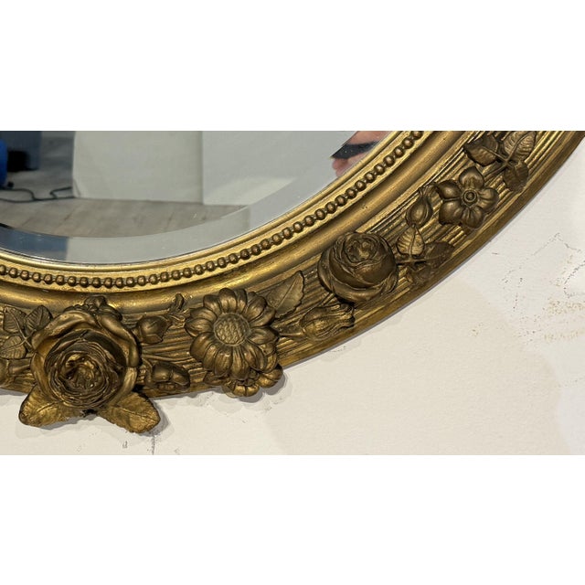 Gold Large French Gilt Oval Beveled Wall Mirror With Ribbon Tied Crest and Frieze For Sale - Image 8 of 11