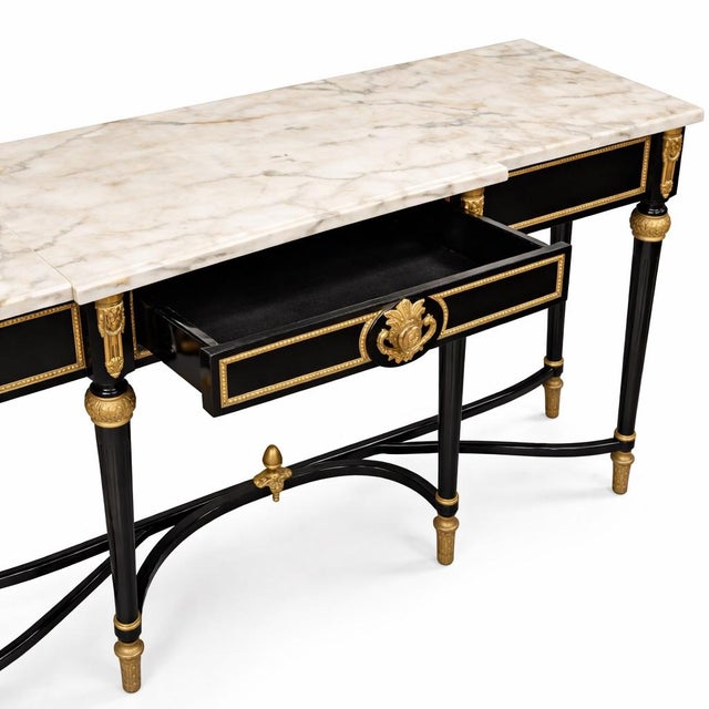 1960s French Empire Style Marble Top Console Table Black and Gold Ormolu Center Drawer For Sale - Image 4 of 6