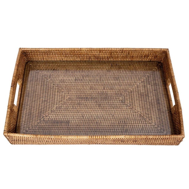 Tan Artifacts Rattan Rectangular Serving Tray with Cutout Handles, Honey Brown with Glass Insert, 20"X13" For Sale - Image 8 of 10