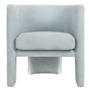 Matthew Izzo Home Lansky Light Blue Performance Chenille, Minimalist Three Legged Barrel Back Club Chair For Sale