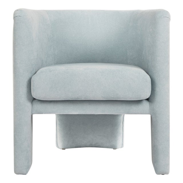 Matthew Izzo Home Lansky Light Blue Performance Chenille, Minimalist Three Legged Barrel Back Club Chair For Sale