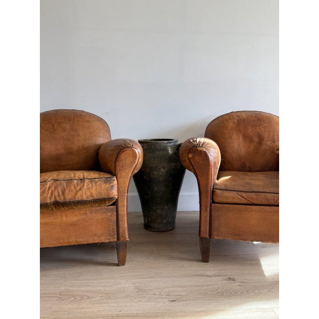 Rustic European Antique Pair French Leather Chairs For Sale - Image 3 of 17