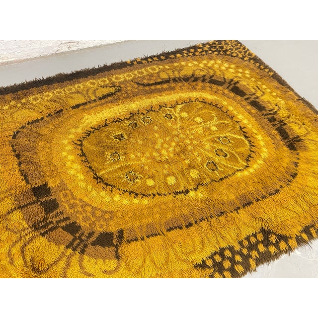 Vintage 1970’s Rya Rug – Mid Century Modern Mustard Yellow & Brown Shag Rug, C. 1970’s For Sale - Image 4 of 13