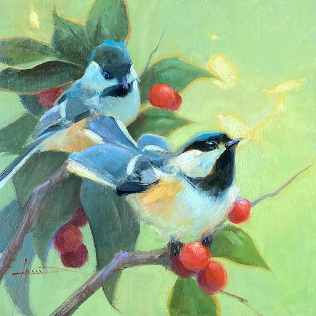 Sweet Berry Song by Lani Vlaanderen | Oil on Linen Two birds perched on a branch with berries. For Sale