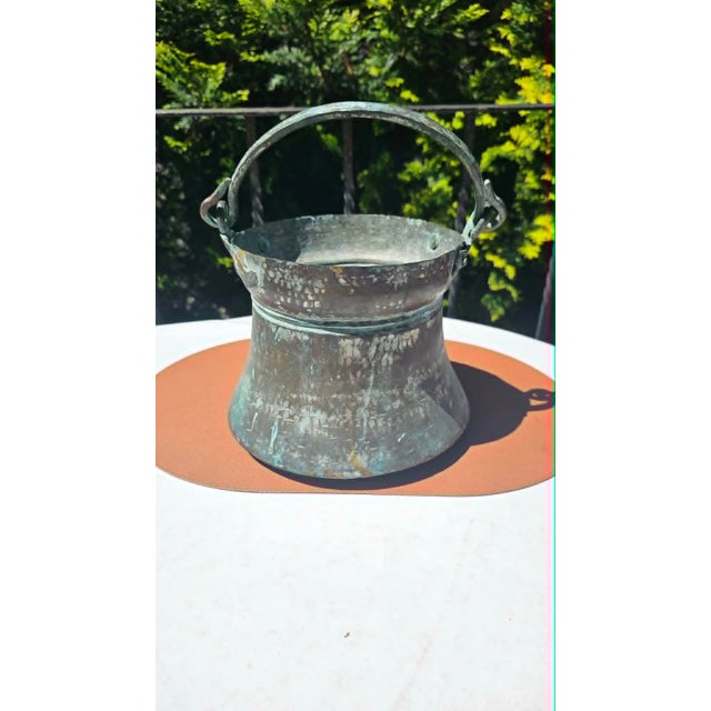 Pre-War Brass Pot in Teal For Sale - Image 3 of 6