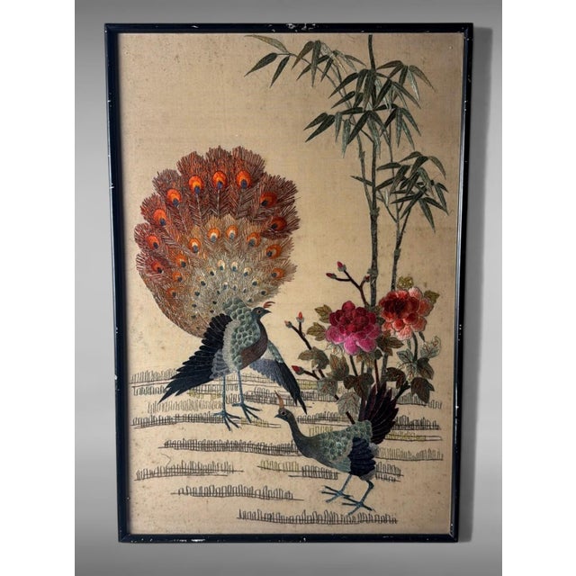 Chinese Antique Chinese Silk Embroidery Panel With Peacocks, Peonies, and Bamboo For Sale - Image 3 of 18