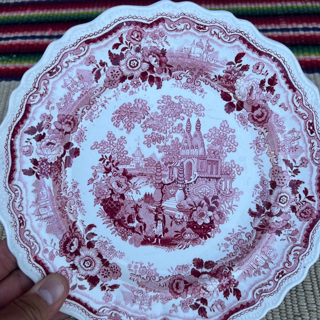 American A Antique Staffordshire Red Transfer Decorated “Temple” Plate, Circa 1830's For Sale - Image 3 of 10