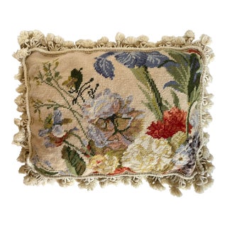Vintage Needlepoint Floral Pillow With Tassel Fringe Trim For Sale