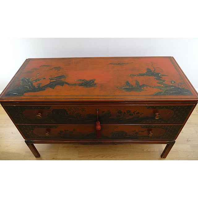 Large Chest with Hand-Painted Red, Gold and Bronze Chinoiserie Motif, Sweden, 1920s For Sale - Image 6 of 8