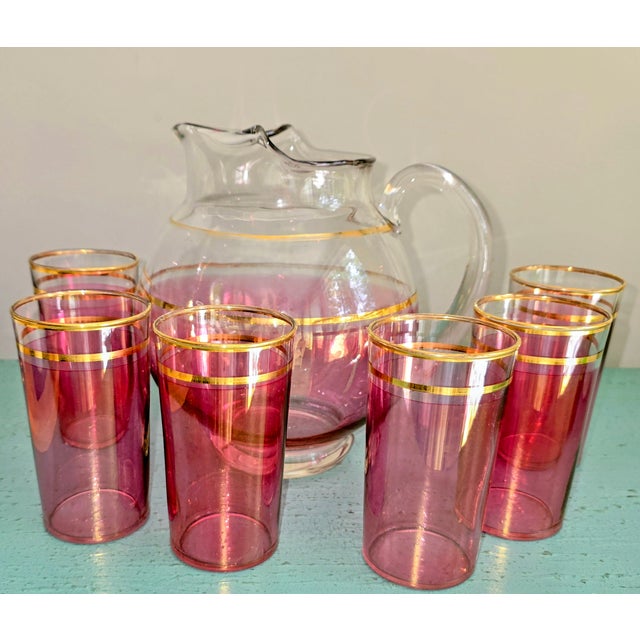 Vintage 1940's MacBeth - Evans Cranberry Lustre Pitcher W/ Gold Stripes , 6 GlassesMacbeth-Evans Cranberry Stain Glass Pitcher Gold Stripes - Set of 7 For Sale - Image 4 of 6