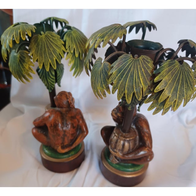 Hollywood Regency Petites Chores Monkey and Plam Trees a Pair For Sale - Image 3 of 4