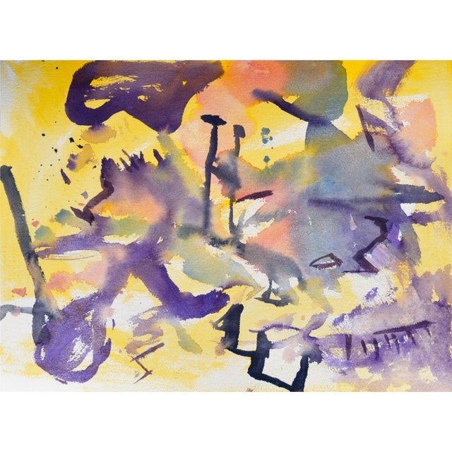 1980s Vintage Purple & Yellow Abstract Watercolor by Les Anderson For Sale - Image 5 of 5