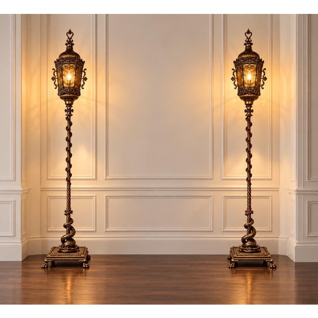 Mid 20th Century Vintage Italian Renaissance Revival Gilt-Metal and Iron Floor Lanterns — Matching Pair, 76 Inches Tall For Sale - Image 5 of 11