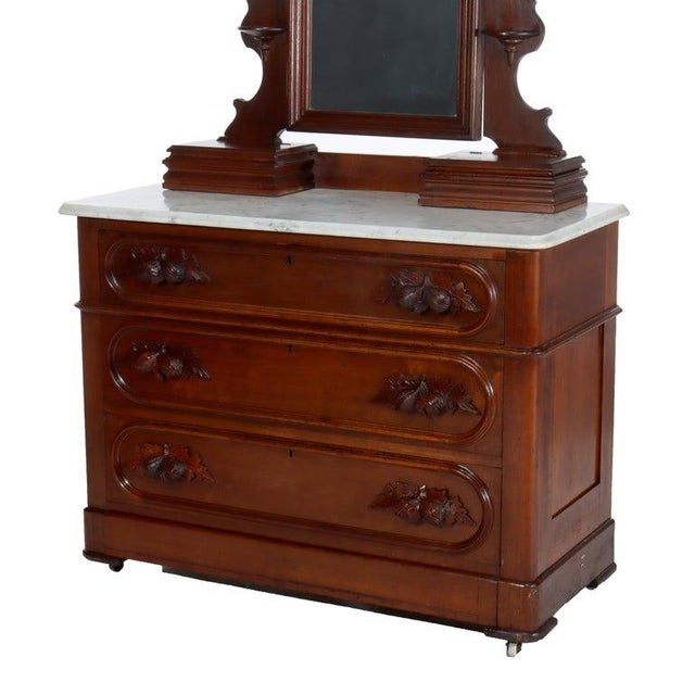 Late 19th Century Antique Rococo Walnut 3-Drawer Marble Top Dresser & Mirror C1890 For Sale - Image 5 of 16