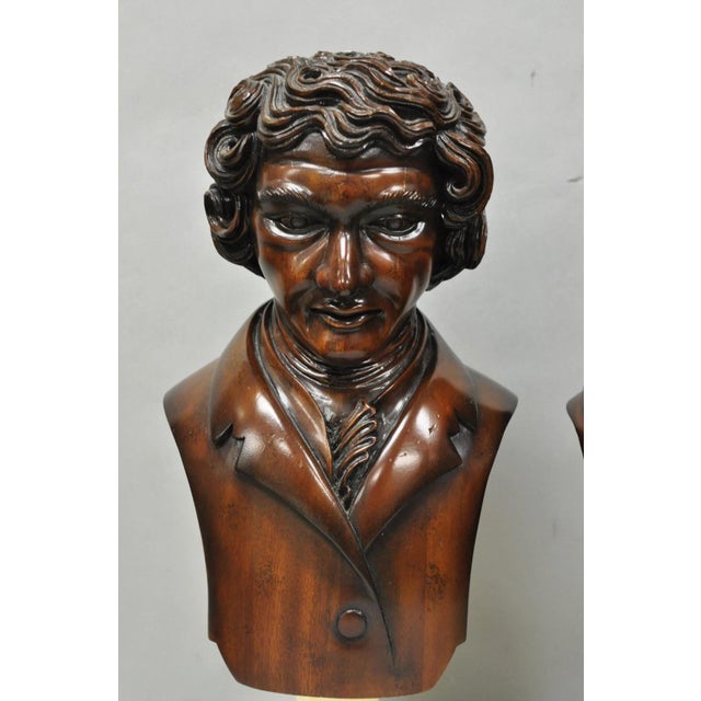 Late 20th Century Classical Maitland Smith Style Carved Mahogany Wood Bust on Alabaster - A Pair For Sale - Image 4 of 15