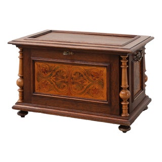 Neo-Renaissance Walnut Chest with Inlaid Front Panel and Turned Columns, Belgium, 1880s For Sale
