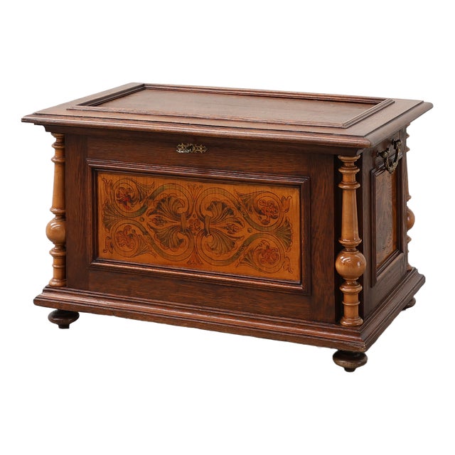 Neo-Renaissance Walnut Chest with Inlaid Front Panel and Turned Columns, Belgium, 1880s For Sale